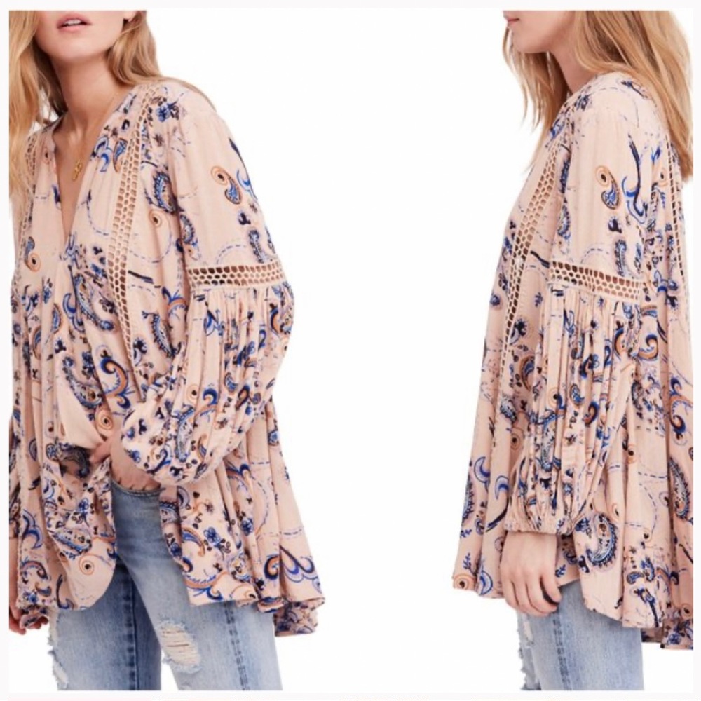 Free People Peach Paisley Crochet-Trim Peasant Top